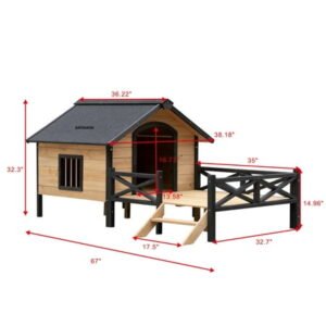 Anykoon Outdoor Large Wooden Cabin House Style Wooden Dog Kennel with Porch, Habitat with All-Around Metal Frame