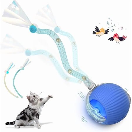 Interactive Cat Ball Toy with Elastic Mesh Tail, Automatic Chirping & Motion Activate Cat Toys, Blue