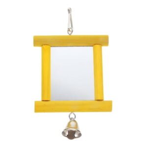 BESTSKY Yellow Bird Mirror for Parrot Cage with Bell Durable Wood Toy for Large Birds 6.5X4.5 Inches
