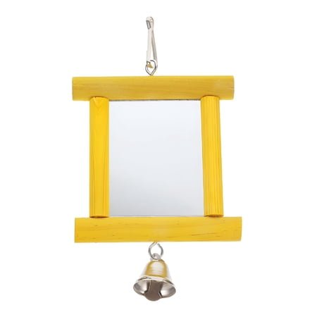 BESTSKY Yellow Bird Mirror for Parrot Cage with Bell Durable Wood Toy for Large Birds 6.5X4.5 Inches