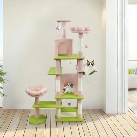 YIYADO 71 Inch Floral Cat Tree, Floral Design Cat Climbing Tree with Large Apartment Removable Flower Mat and Hammock, 7 Reinforced Posts Multi-Layer Wrapped in Natural Sisal, Pink