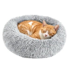 Cat Beds for Indoor Cats, 28″ Washable Cat Bed Machine , Fluffy Round Pet Bed Non-Slip, Calming Soft Plush Donut Cuddler Cushion for Dogs Kittens,Light Gray