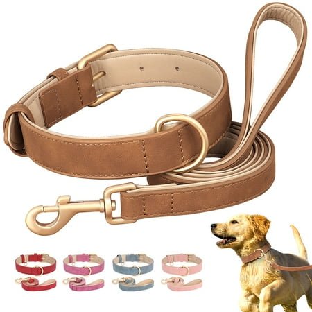 Beirui Soft Padded Leather Dog Collar and Leash Solid Adjustable Collar for Bulldog S-L