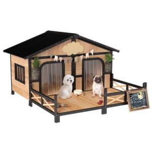 Dog House Outdoor, Wooden Dog Kennel Weatherproof with Porch, Openable Roof, Removable Bottom, Elevated Floor, Double Room for 2 Small to Medium Breeds, Natural