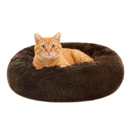 Small Calming Dogs Bed for Small Dogs ,Washable Fluffy Luxury Warming Cozy Soft Pet Puppy Round Bed,Coffee 24″
