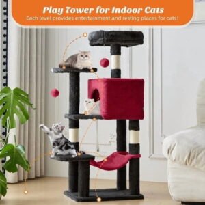 Nextay 44” Black Cat Tree Tower for Indoor Cats, Multi-Level Climbing Activity Center with Hammock, Scratching Posts & Cozy Condo