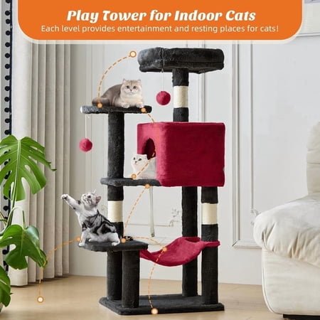 Nextay 44” Black Cat Tree Tower for Indoor Cats, Multi-Level Climbing Activity Center with Hammock, Scratching Posts & Cozy Condo