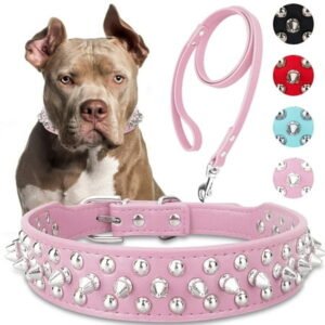 LQCrafK Dog Collar with Leash,Durable Rivet PU Leather Dog Collars for Pit Bull, Spiked Studded for Small Medium Large Dog