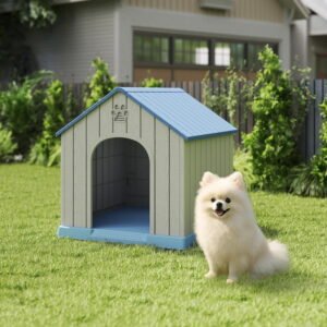26 Inch Dog Houses Resin Small Indoor Outdoor Dog Kennel for All-Weather Use Cozy Shelter for Small Dogs in Home, Garden, or Balcony,Blue