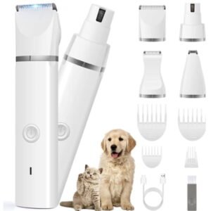 VALLARY 4-in-1 Pet Grooming Kit for Dogs & Cats – Low Noise Electric Clippers with Nail Grinder, Paw & Nose Trimmer | USB Rechargeable | Professional Home Grooming Tool Set