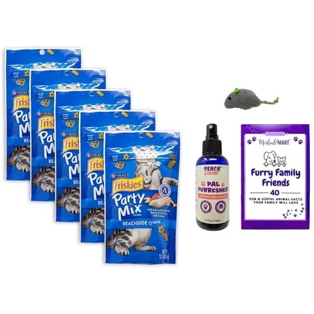 Purina Friskies Cat Treats | Party Mix Beachside Crunch | Shrimp, Crab, & Tuna | 2.1 oz 5-Pack | Percy Loves Pal Furresher, MerlinsMart Zine, & Catnip Toy