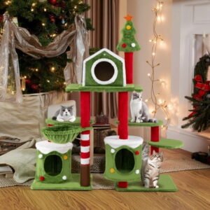 Pefilos 58″ Tall Christmas Cat Tree Tower for Indoor Cats, Multi-Level Sturdy Cat Climbing and Jumping House with Condos, Green