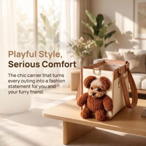 Cute Small Dog Carrier Tote Bag with Bear Headhole,| 2 In 1 Multifunctional Pet Handbag, Large Capacity PU Pet Out Shoulder Bag with An Exposed Head Bear for Walks