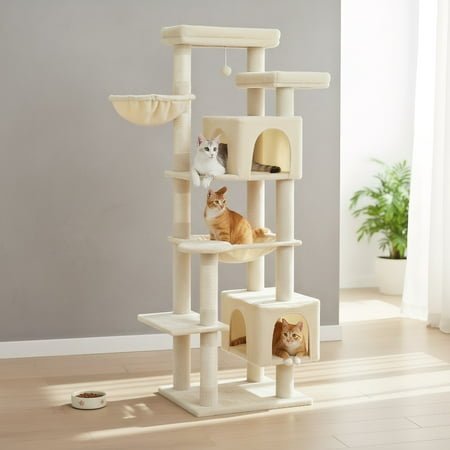 Pefilos 69″ Tall Cat Tree for Indoor Large Cats with Hammock, Cat Climbing Tree Tower with Scratching Posts, Condo House and Top Perch, Beige