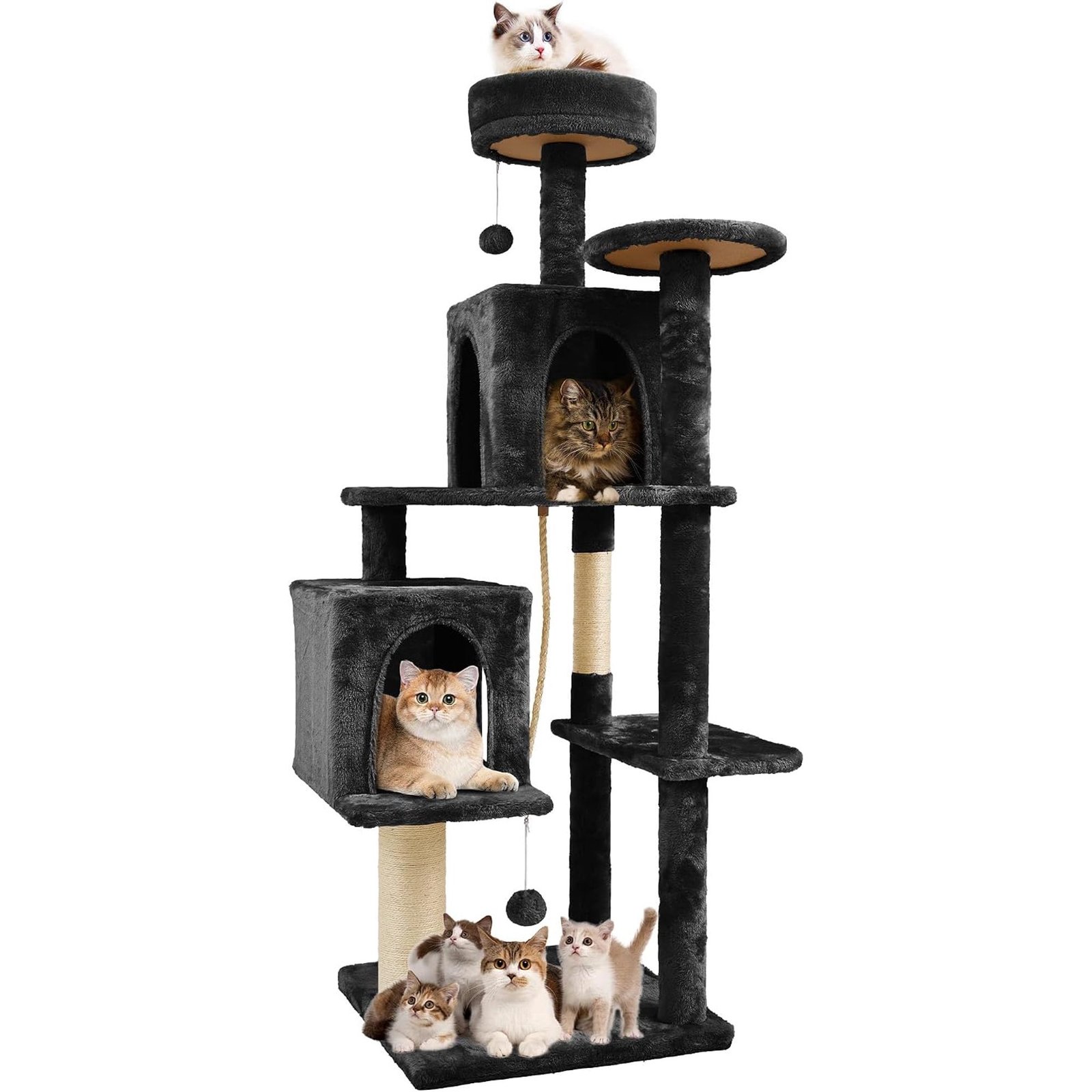 58.5inch Large Cat Tree Tower Condo for Indoor Cats, Soft Plush Multi-Level Climbing Tree Cat House, Scratching Post, More Entrance/Exit, Sisal Rope, Black