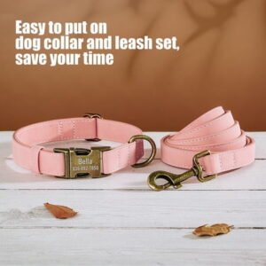 Pet Artist Personalized Dog Collar & Leash Set, Engraved with Name & Phone Number, PU Leather,8 Colors, Sizes XS-L for Small to Large Dogs