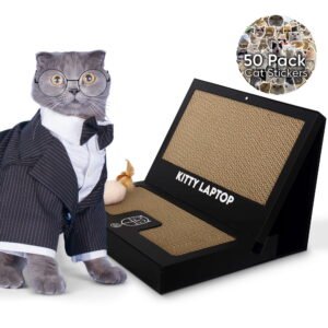 Kitty Laptop – Cat Scratchboard Laptop Toy with Interactive Plush Mouse Toy with Catnip – Cat Computer Toy with 50 Stickers