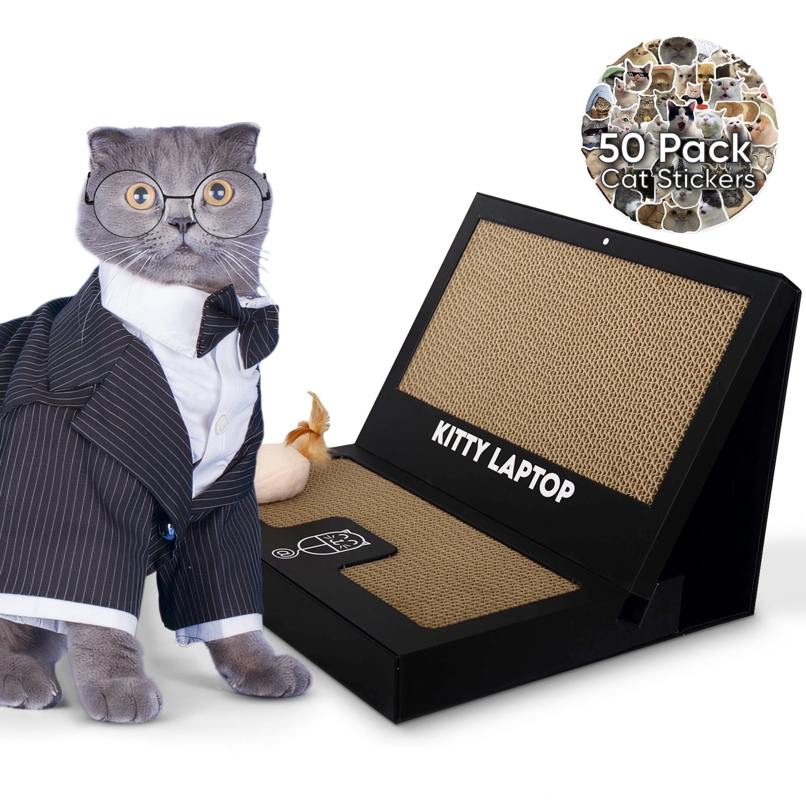 Kitty Laptop – Cat Scratchboard Laptop Toy with Interactive Plush Mouse Toy with Catnip – Cat Computer Toy with 50 Stickers