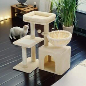 Demi Bonn 28.5” Tall Cat Tree Tower, Three Tier Cat Tree House for Indoor Cats Modern Kitten Cat Climbing Tree, Beige