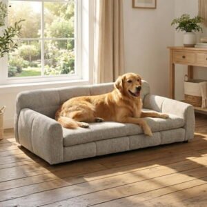 51″ XL Dog Bed Couch, Elevated Large Dog Sofa with Backrest and Armrests, Soft Memory Foam Extra Large Pet Bed with Removable Cushion, Durable Linen Pet Couch Furniture, Beige