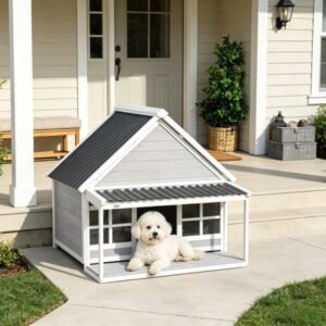 Wooden Dog House with Porch, Outdoor Weatherproof Dog House with Tilt Roof, Front Door and Windows, for Medium and Large Sized Dogs