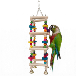 4-Step Wooden Bird Ladder Swing Toy with Colorful Chew Beads & Bells, Natural Wood Climbing Bridge Parrot Cage Accessories for Parakeets, Cockatiels, Conures, Budgies, Lovebirds