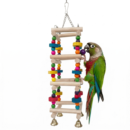 4-Step Wooden Bird Ladder Swing Toy with Colorful Chew Beads & Bells, Natural Wood Climbing Bridge Parrot Cage Accessories for Parakeets, Cockatiels, Conures, Budgies, Lovebirds
