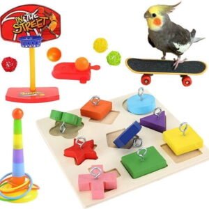 VOCOO Parrot Training Toys Set, Interactive Bird Enrichment Toys with Wooden Puzzle, Basketball Hoop ,Mental Stimulation & Physical Exercise Bird Cage Accessories