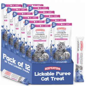 Beefeaters Urinary Cat Treats Lickables 1.59oz (12 Pack), Tuna with Salmon & Cranberry Puree Cat Treats, Taurine for Eye Support, Grain Free, No Sugar Added, Squeezable Cat Food Topper, 3 x 0.53 oz