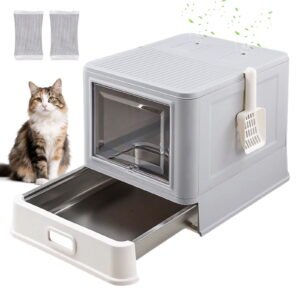 iFaveorr Enclosed Stainless Steel Cat Litter Box with Lid & Drawer Design for Indoor All Lifestyles Cats, Metal Covered Cat Litter Box, Baffles for Anti-Leakag, with Litter Scoop & Litter Mat