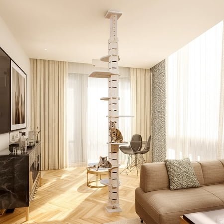 Pefilos Adjustable (98-114)” Cat Trees Towers for Large Cats, Multi-Level Floor to Ceiling Cat Condo, Height Kitty Climbing Activity Center for Indoor Cats, Beige
