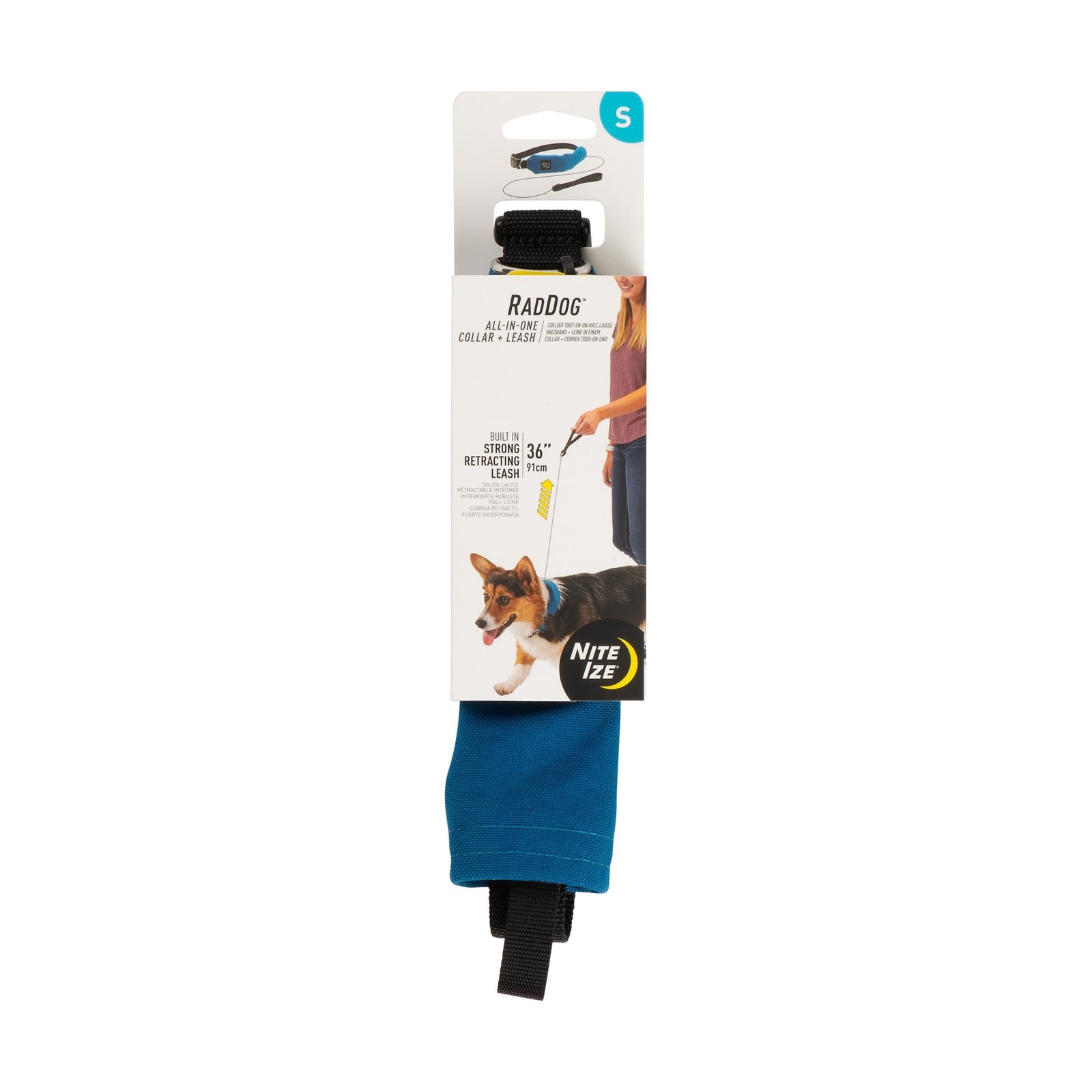 Nite Ize Raddog All-in-One Collar and Leash Combo, Heavy-Duty Dog Collar with Built-in Retractable Leash, 14″ to 16″ Collar, Blue, Small