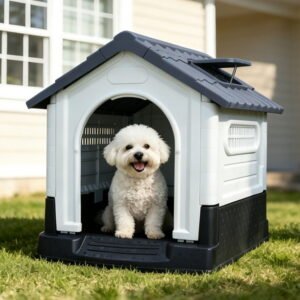 Weatherproof Plastic Dog House for Outdoor/Indoor – Elevated Floor & Ventilation – Sloped Roof, Adjustable Canopy, Removable Easy-Clean Roof, Quick Assembly Dog Kennel Shelter