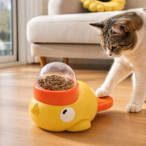 JWGIETK Duck Cat Treat Dispenser, nteractive Yellow Duckie Cat Feeder Toy with Button for Indoor Cats, Slow Feeder for Fast Eaters & Mental Stimulation (Yellow)