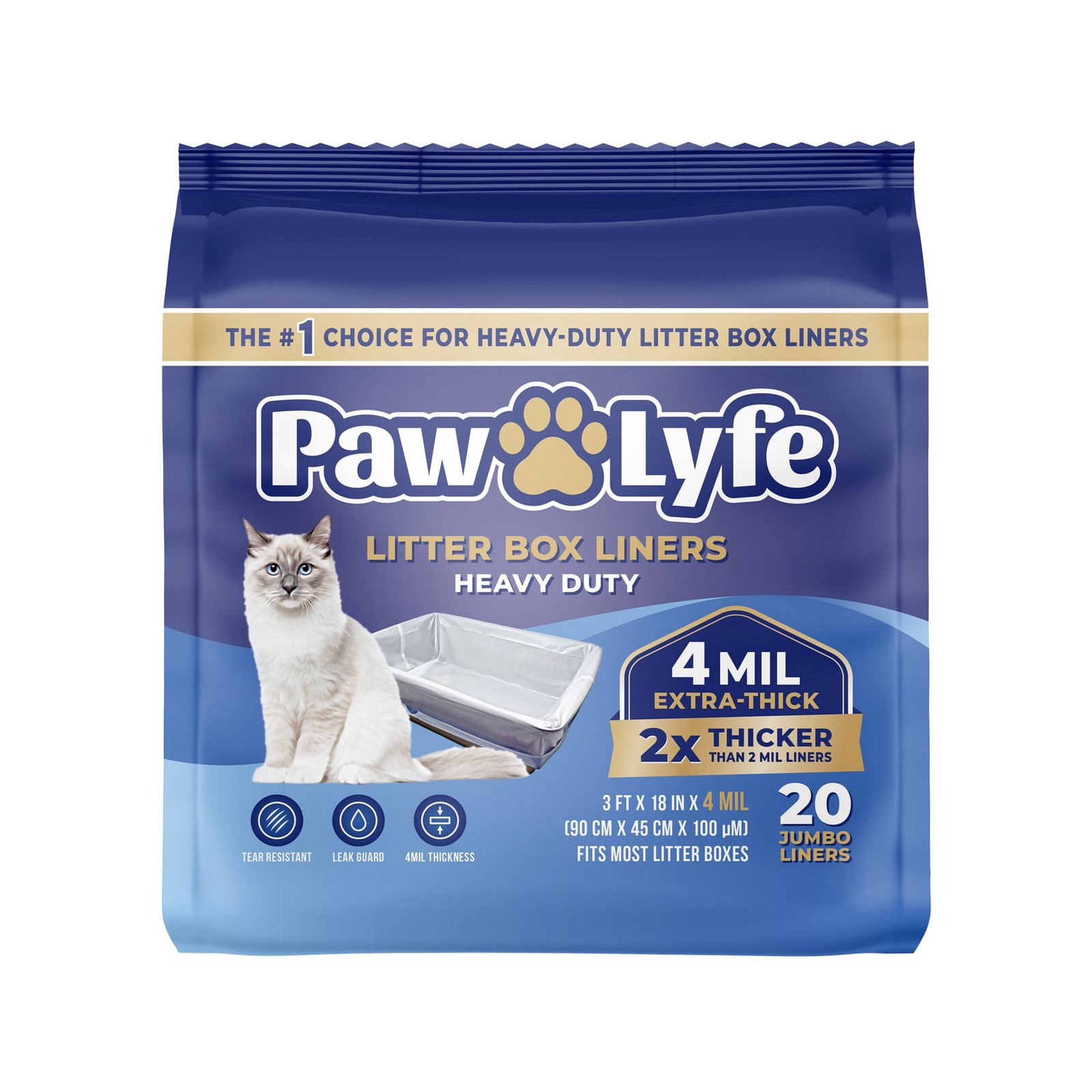 PawLyfe Litter Box Liners: Heavy Duty – Thickest Litter Liner on the Market 4MIL – Tear & Leak Resistant – Drawstring Close – Jumbo, 36” x 18” – 20 Count Jumbo Size Draw String Litter Liners for Cats