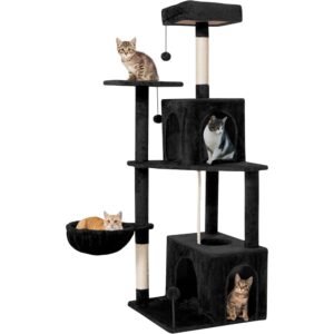 54inch Large Cat Tree Tower Condo with Hammock for Indoor Cats, Soft Plush Multi-Level Climbing Tree Cat House with Cat Cave, Scratching Post, Sisal Rope, Black