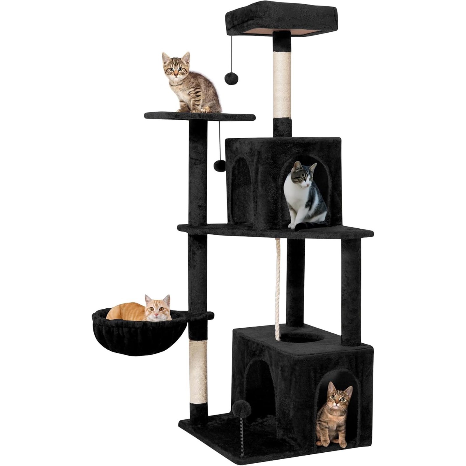 54inch Large Cat Tree Tower Condo with Hammock for Indoor Cats, Soft Plush Multi-Level Climbing Tree Cat House with Cat Cave, Scratching Post, Sisal Rope, Black