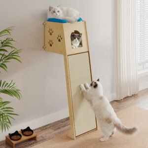 COZIWOW Leaning Wall Cat Tower, Wall-Mounted Cat Climbing Tree with Condo, Removable Sisal Scratching Mat, Plush Cat Bed, Window Perch