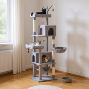 Pefilos 74″ Large Cat Tree Tower for Indoor Cats, Fat Cats with Big Hammock, Cat Climbing Tree with Scratching Posts, Condo House and Top Perch, Gray