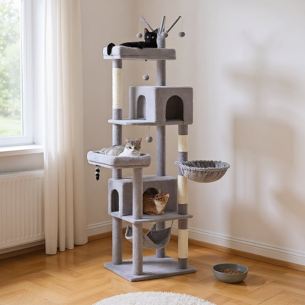Pefilos 74″ Large Cat Tree Tower for Indoor Cats, Fat Cats with Big Hammock, Cat Climbing Tree with Scratching Posts, Condo House and Top Perch, Gray