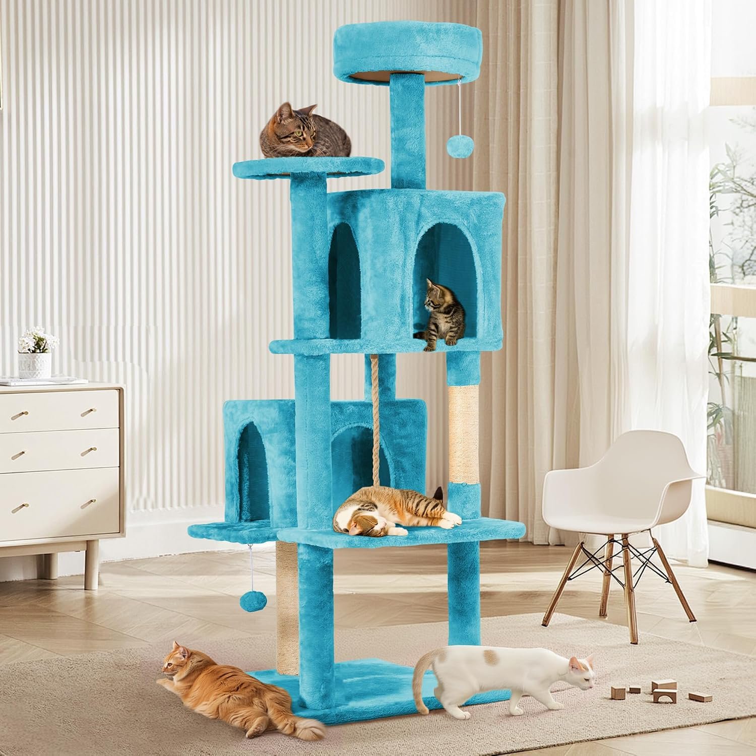57inch Large Cat Tree Tower Condo for Indoor Cats, Soft Plush Multi-Level Climbing Tree Cat House with Cat Cave, Scratching Post, More Entrance/Exit, Sisal Rope, Light Blue