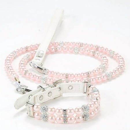 Mictong pet collar and leash set, durable and attractive plastic collar and leash set, artificial pearl collar and leash set, practical collar and leash set, 1 piece, S size, pink style A