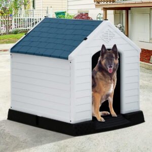 Large Dog House Outdoor Weatherproof Doghouse Large Dog Kennel Durable Plastic Dog House Indoor Doghouse Puppy Shelter W/Elevated Floor Ventilation Design Doghouses Pet House 41″ D, Blue
