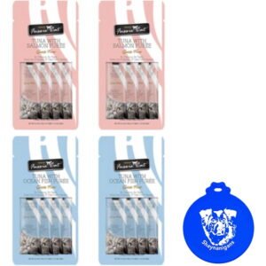 Fussie Cat Puree Grain Free Lickable Treat in 2 Flavors: (2) Tuna with Salmon and (2) Tuna with Ocean Fish (4 Four-Tube Packs, 16 Tubes Total, 0.5 Ounce per Tube) Plus Shaynanigans Silicone Lid