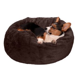 FurHaven Orthopedic Fur Ball Dog Bed, Refillable Beanbag-Style Nesting Bed with Removable Washable Cover & Liner, Medium, Plush Faux Fur, Espresso, 1 Count
