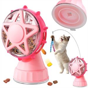 Interactive Cat Toy Wand with Ferris Wheel Treat Dispenser & Slow Feeder, Reusable Suction Cup Base for Indoor Cats Solo Play, Mental Enrichment Puzzle Toy