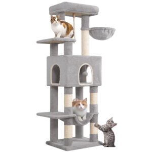 Cat Tree, 58.7‑Inch Tall Multi‑Level Cat Tower for Indoor Cats with Scratching Posts, Hammock and Cat Cave, Light Gray