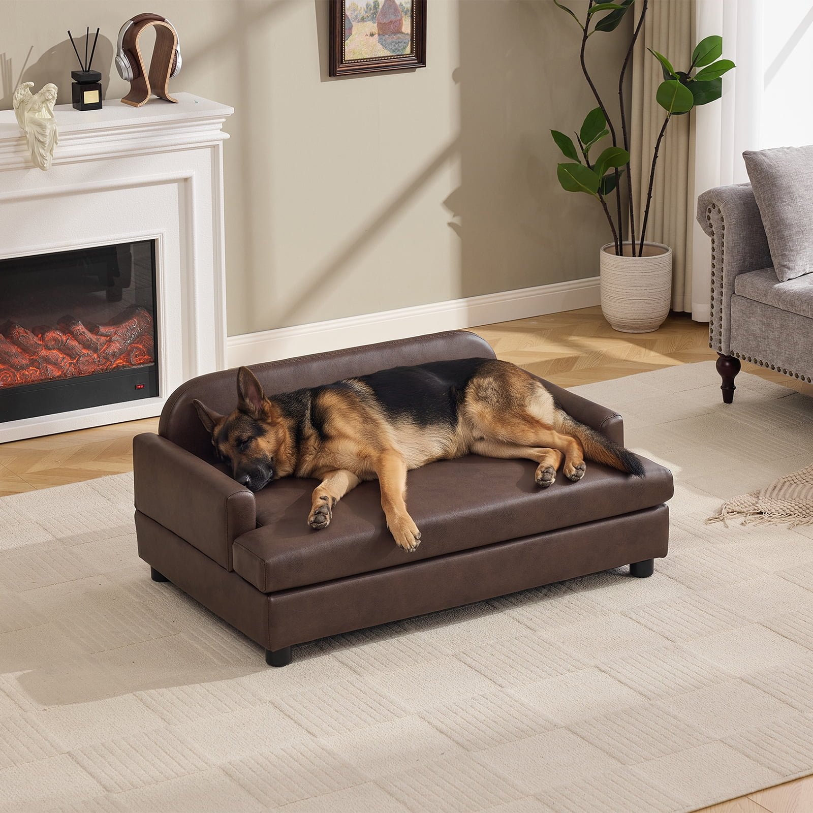 BRILHAMEZ 43.3″ Elevated Dog Sofa Bed, Waterproof Leather Orthopedic Pet Bed with Solid Wood Frame for Large Dogs,Brown