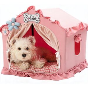 Indoor Dog Tent Bed with Cover Cave Breathable Washable Foldable House for 10-20 Lb Dogs and Cats Medium 17″×17″×17″ Pink