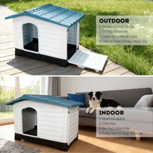 Elevated 2-Door Plastic Dog House Kennel with Fold-Out Porch – Waterproof Weatherproof – Ventilated Easy-Clean Shelter, Easy Assembly – Small, Blue